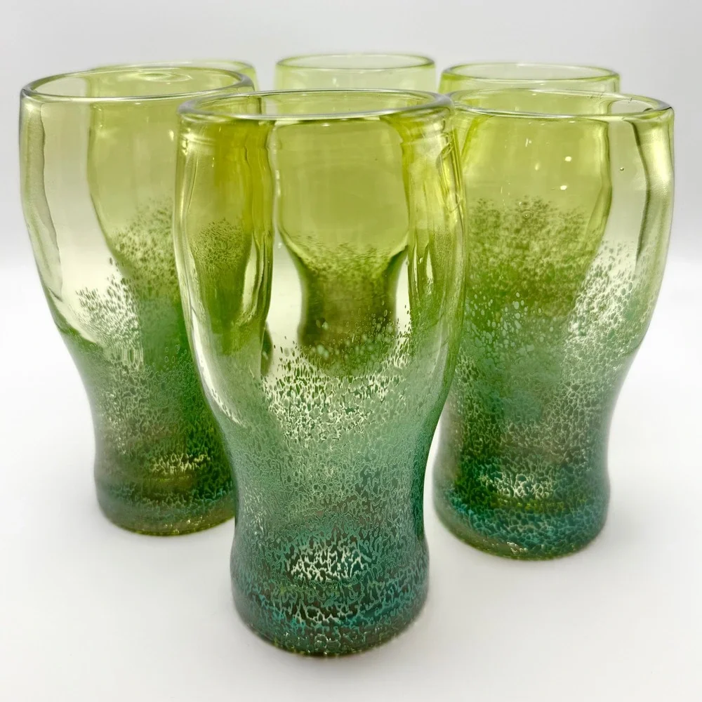 Set of 6 Hand Blown Ombre Green Art Glass Highball Tumbler‎ Glasses Mermaidcore